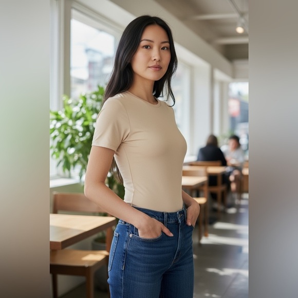 Auden Tops - Auden Beige Short Sleeve Bodysuit